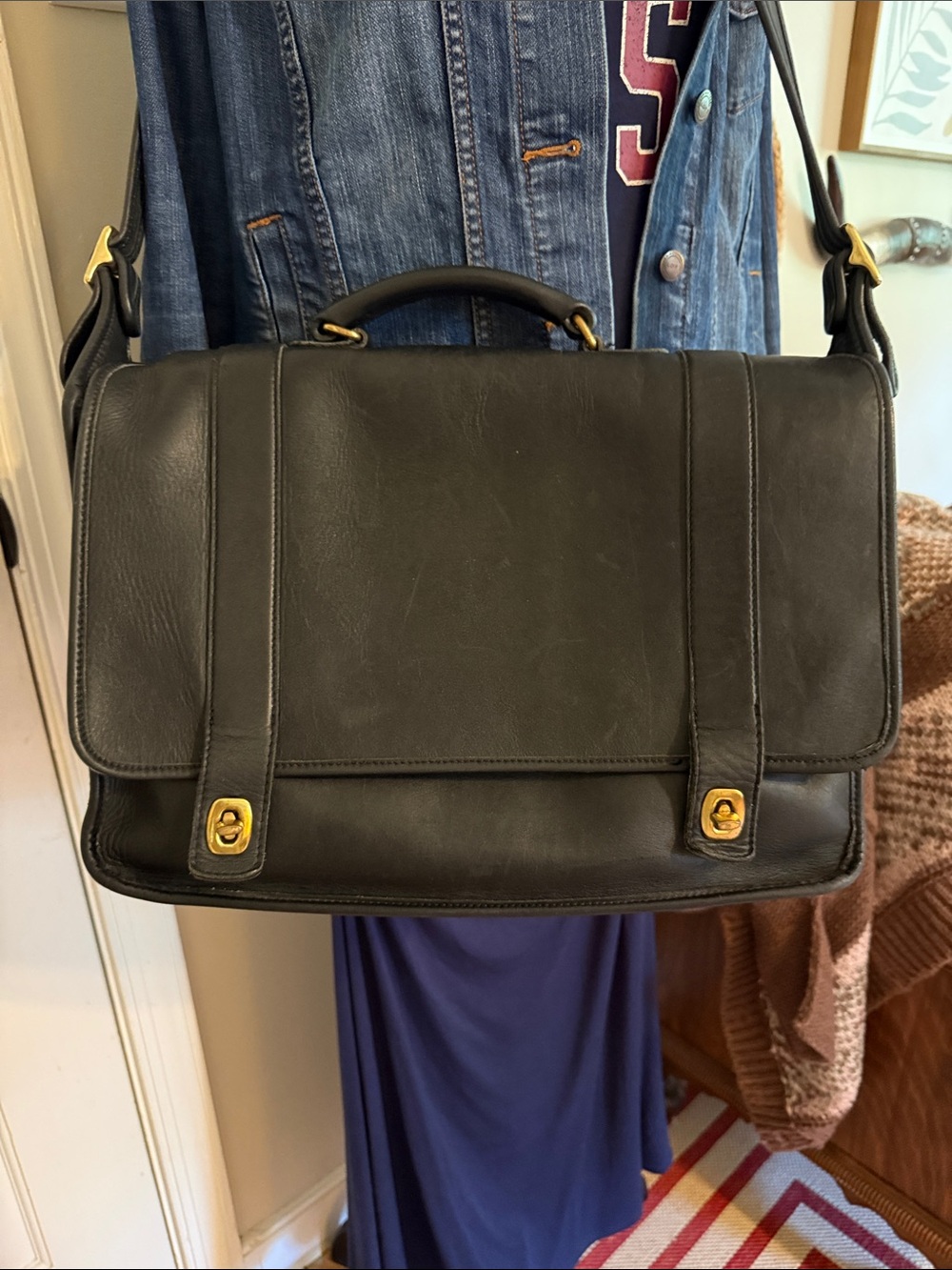 COACH Essex Black Leather Briefcase Shoulder Bag Hand Tag M5C-5274